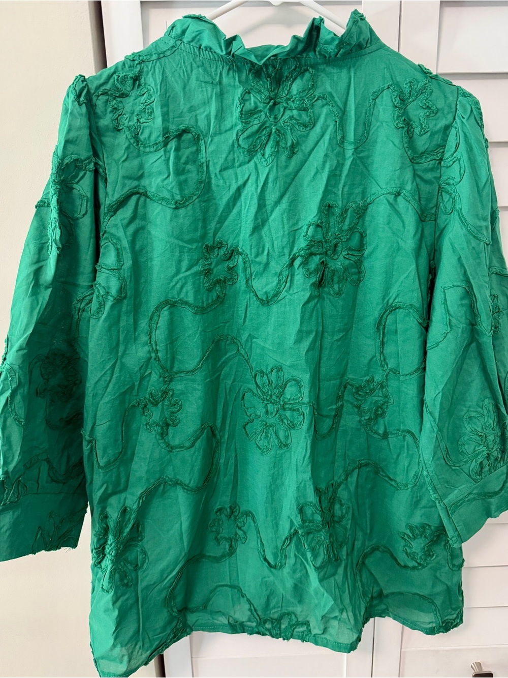 Cherrybetty Green 100% Cotton Embroidered Floral Ruffle Blouse Size Large - Picture 3 of 8
